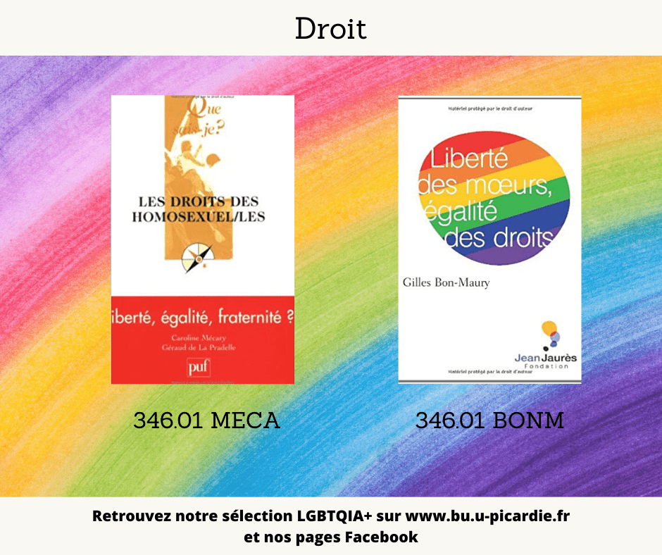 Visuel bibliographie thématique LGBTQIA+, couvertures des livres pour le choix en droit