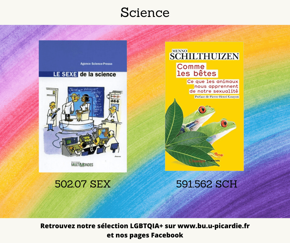 Visuel bibliographie thématique LGBTQIA+, couvertures des livres pour le choix science