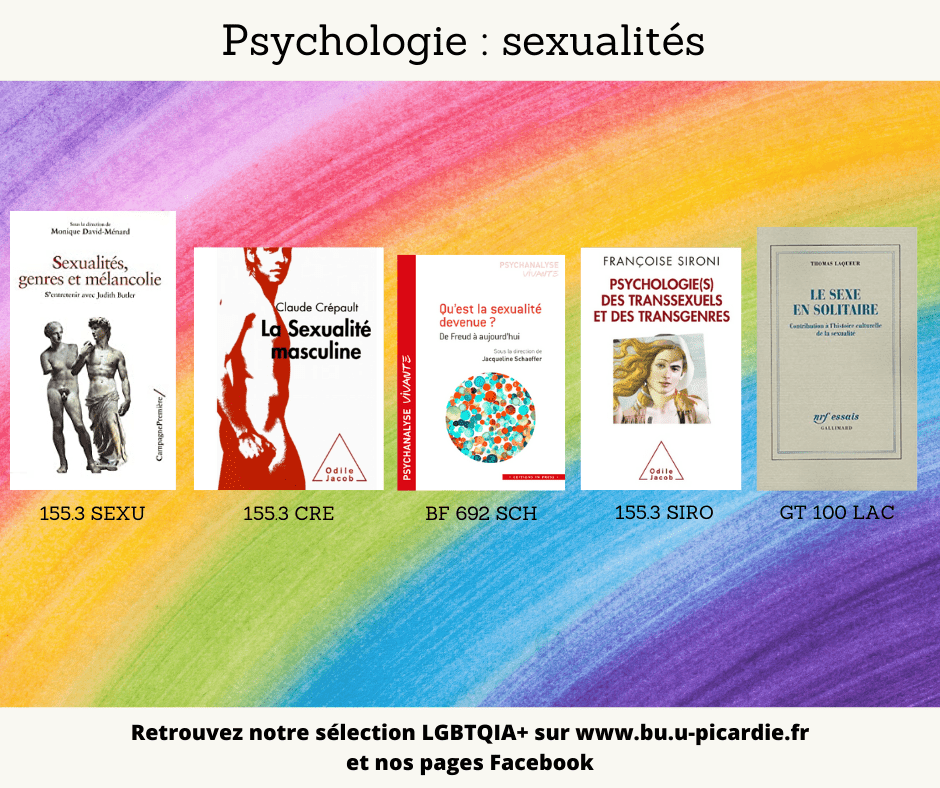Visuel bibliographie thématique LGBTQIA+, couvertures des livres pour le choix psychologie