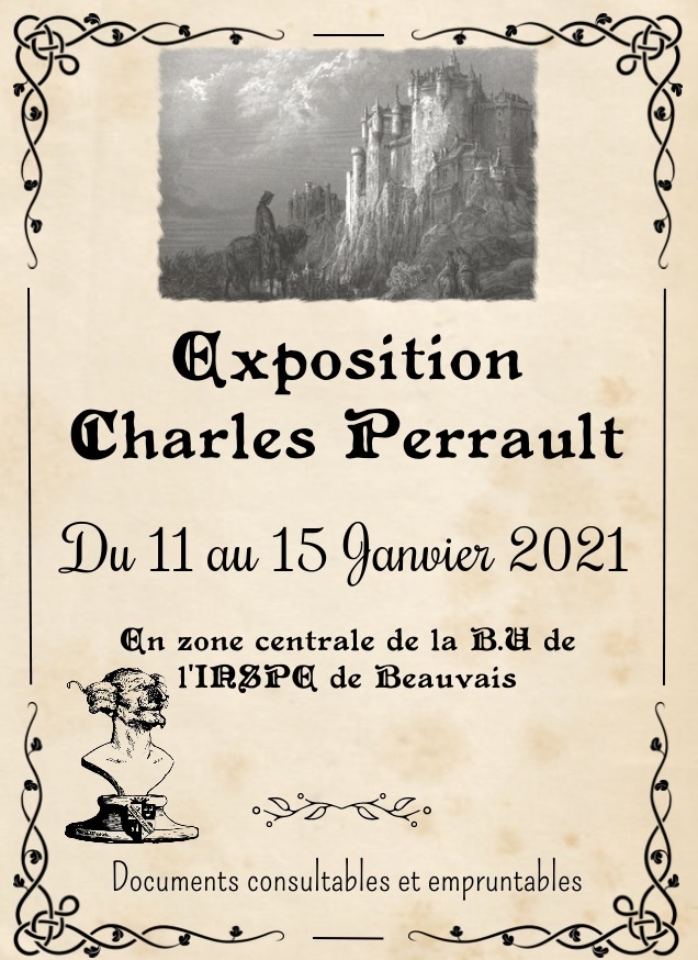 Affiche expo de livres à la BU de l'inspé de Beauvais, thématique "Charles Perrault"