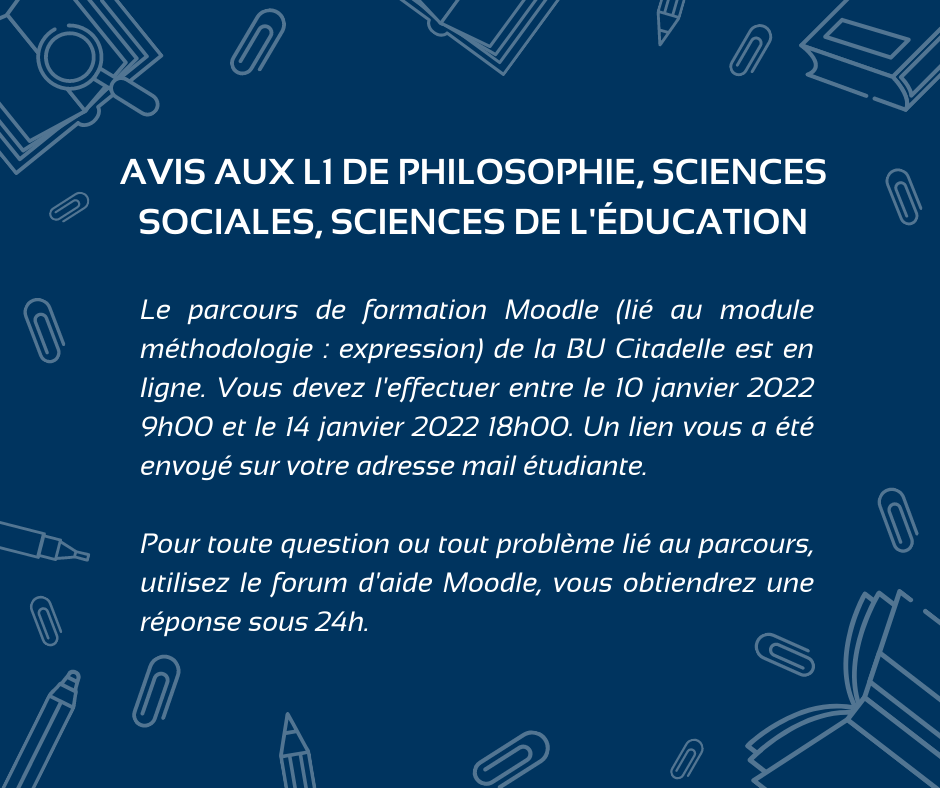 Moodle BU parcours philo, sciences de l'éducation, sciences sociales : ouverture du parcours de formation en ligne entre le 10 janvier et 14 janvier 2022