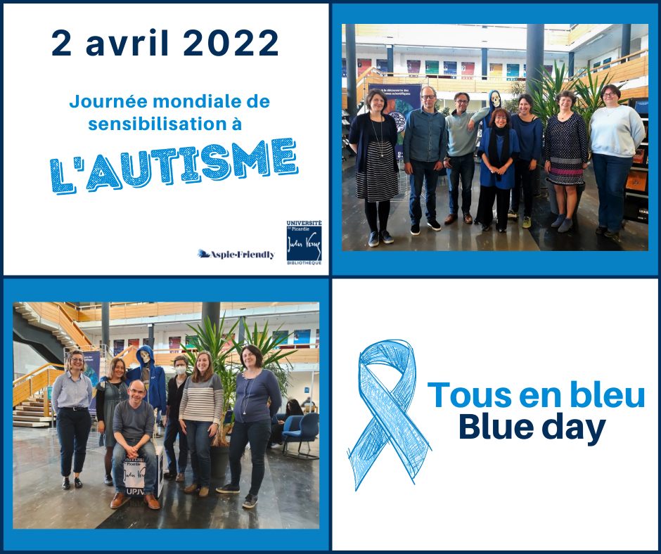 photos du personnel de la BU Campus Santé habillé en bleu pour la journée mondiale de sensibilisation à l'autisme