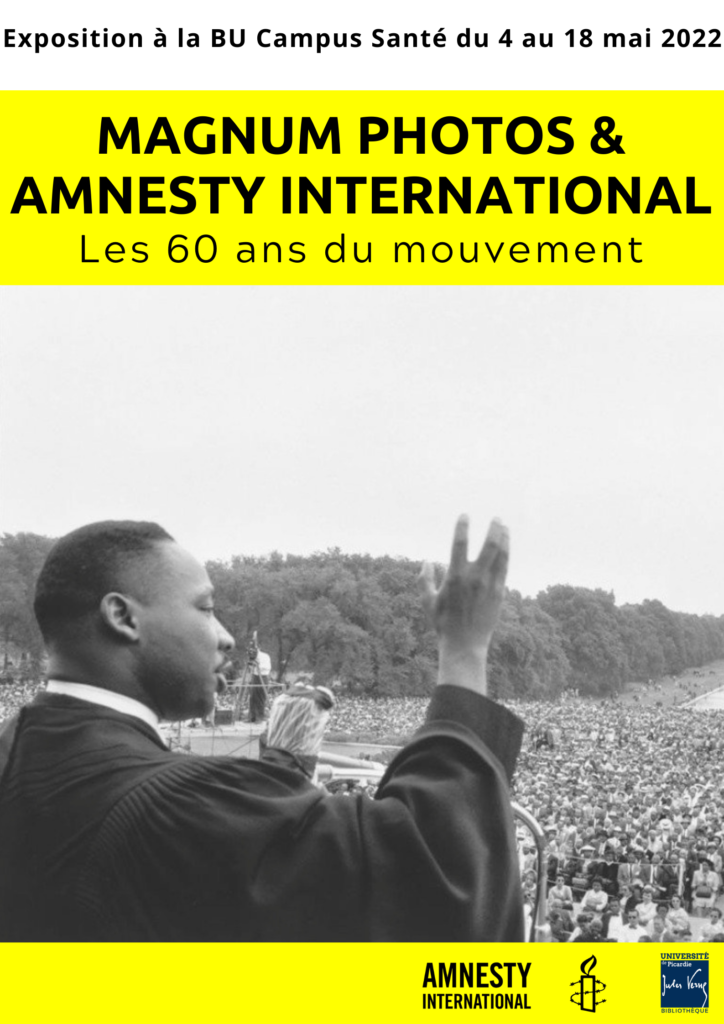 affiche de l'événement à la BU Campus Santé mentionnant les dates de l'exposition (4 au 18 mai 2022), photo de Martin Luther King