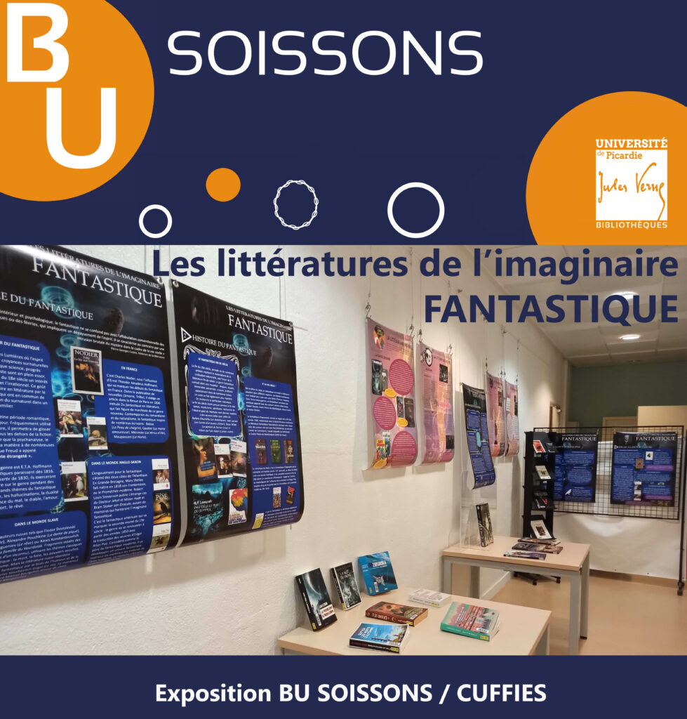 Photo de l'exposition à la BU de Soissons sur la littérature de l'imaginaire et le fantatstique, février 2023.