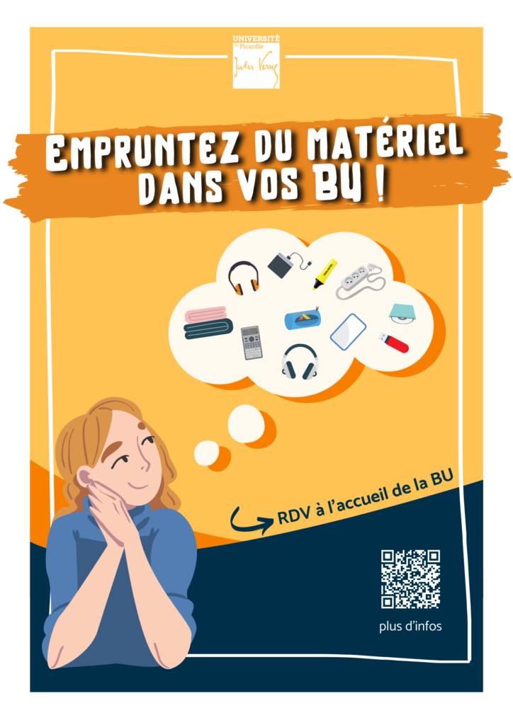 affiche représentant une personne dans une position pensive, ainsi qu'une bulle avec plusieurs objets à l'intérieur (casques, plaids, stylos, etc.)