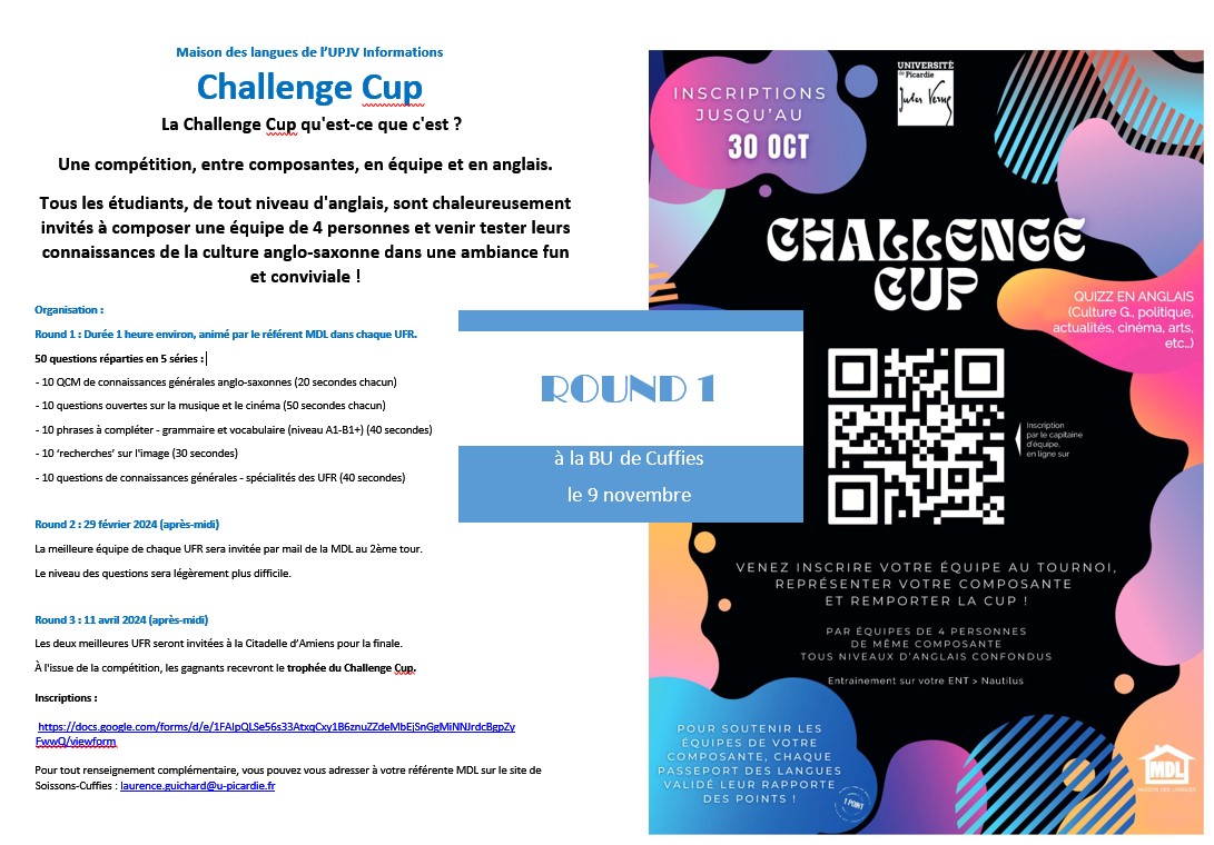 Affiche pour l'animation en BU de Cuffies pour le round 1 du challenge Cup (en anglais)